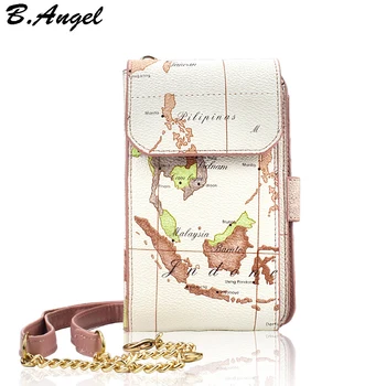 

Retro Women Wallet Phone Shoulder Bag World Map Leather Ladies Purse Card Holder Mobile Wallets Crossbody Travel Leisure Purse