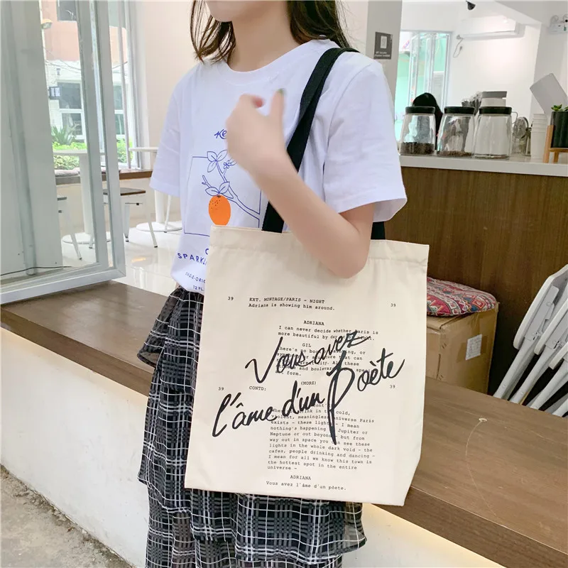 Women Canvas Handbag Shoulder Bag Letters Print Shopping Bag Cotton Linen Shopper Bags