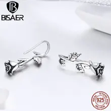 Женские серьги-гвоздики из подлинного 925 пробы серебра с цветами розы и листьями для женщин, серебряные серьги Brincos 925, ювелирное изделие, ECE380