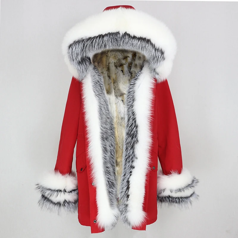 red silver C OFTBUY, зимняя куртка для женщин, пальто из натурального меха, толстая теплая парка с воротником из натурального Лисьего меха, верхняя одежда с подкладкой из кроличьего меха, уличная одежда - Цвет: red silver C