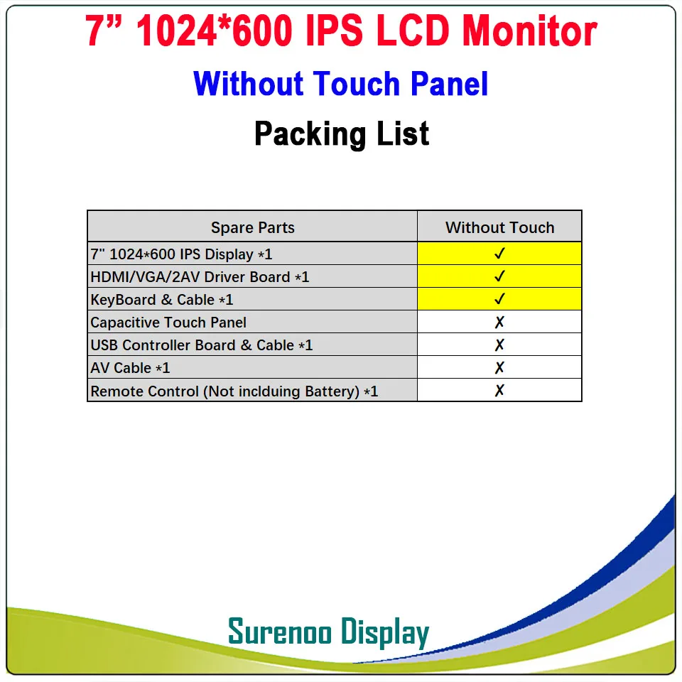 " 1024*600 ips ЖК-модуль монитор дисплей+ HDMI/VGA/2AV плата+ емкостная сенсорная панель ж/USB контроллер для Windows и Android - Цвет: Without Touch