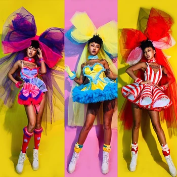 여성 가수 DJ DS 댄스 팀 무대 의상, 크리스마스 파티, 캔디 컬러, 큰 나비 머리 장식 정장, 축제 레이브 의상, DWY5063