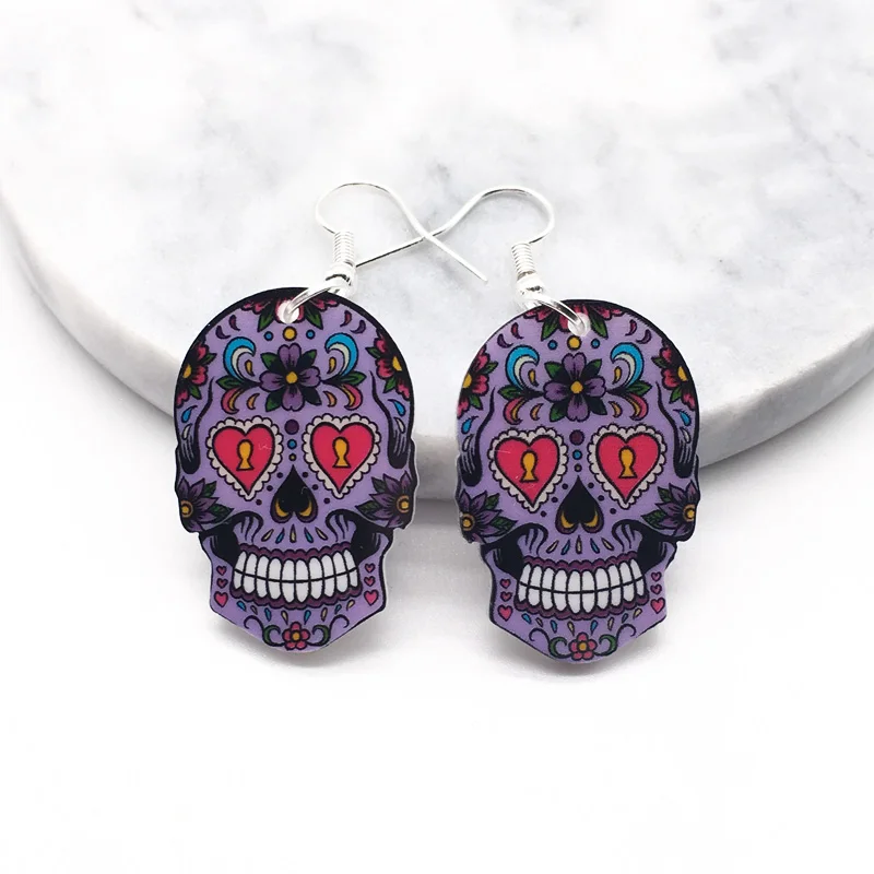 Skull Earrings Calavera Sugary-Sweet Whimsical Celebrate Mexican Day Halloween Acrylic Sugar Skull Earrings For Women 4 colors - Окраска металла: 3