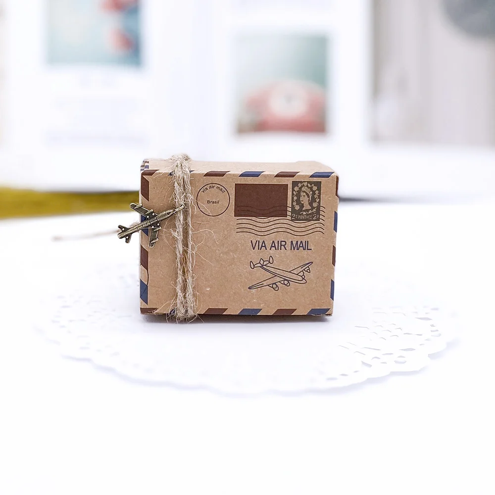 10 шт. винтажная Подарочная коробка для конфет из крафт-бумаги, для путешествий, Авиапочта, подарочные коробки, свадебные сувениры, scatole regalo