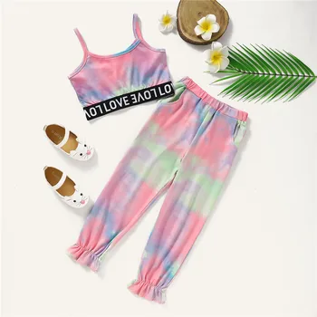 

Stylish 2Pcs Toddler Tie-dye Print Outfits Baby Spaghetti Strap Short Letter Tank Top Ankle Banded Pants with Pockets 2-7Y
