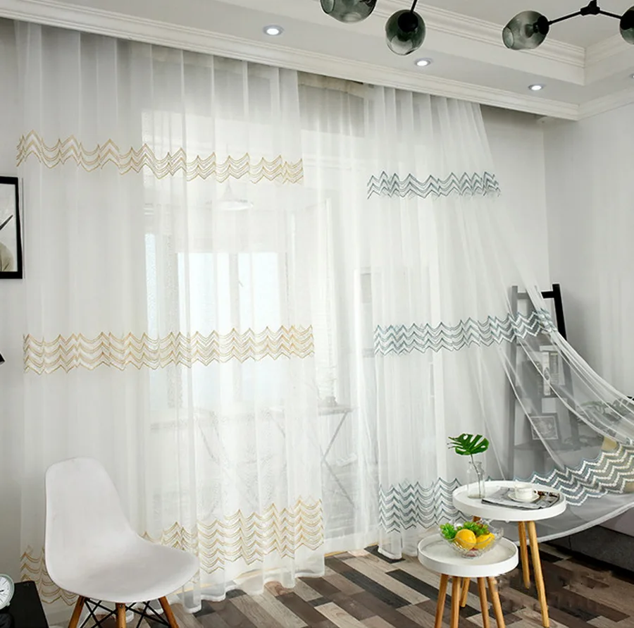 Современный скандинавский синий белый волнистый вышитый тюль занавес s для гостиной детской спальни дверь короткая кухонная оконная