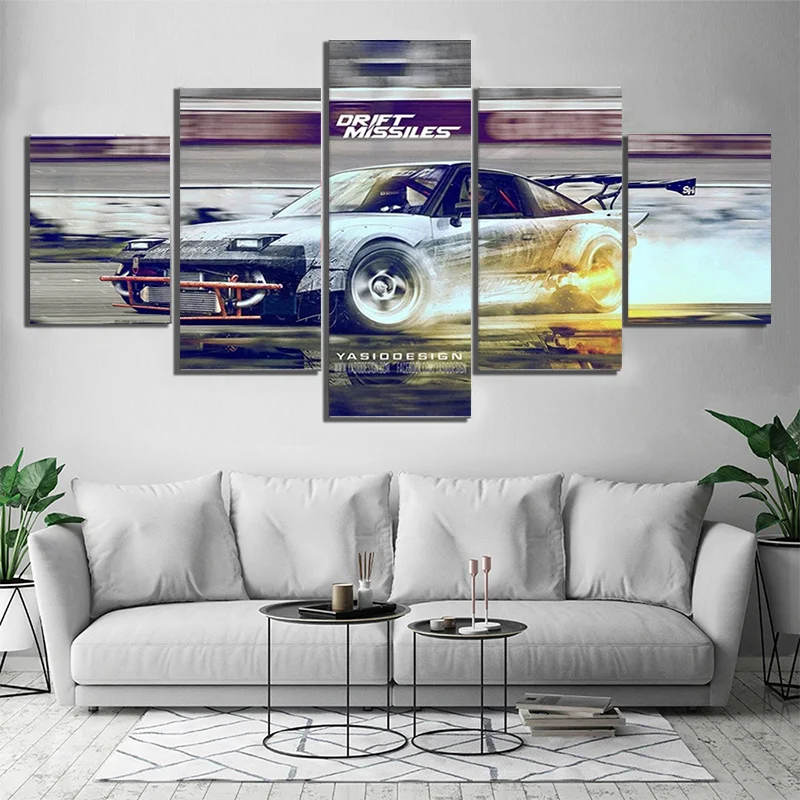 5 Pictures HD Printing Wall Art Oil Painting Sports Car Drift Speed Hunter Poster Living Room Home Decoration Picture Frameless