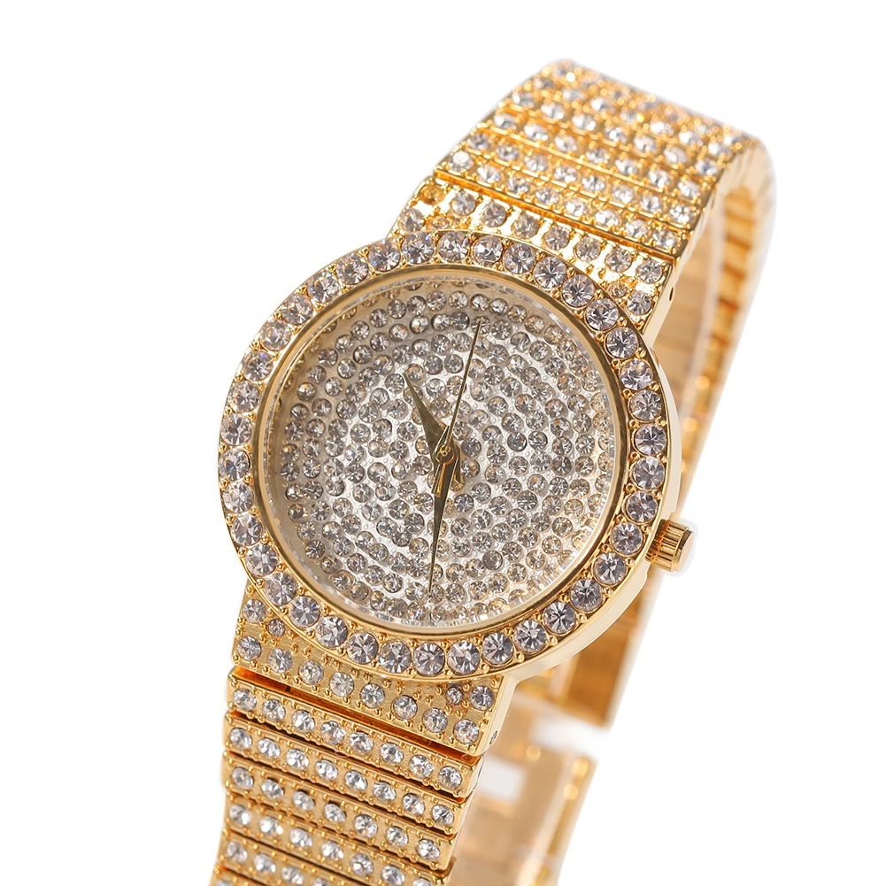Classic Bling Bling dinner party watch ladies Full Diamond Luxury Women Watch Round Face Stylish Gold  main image 2