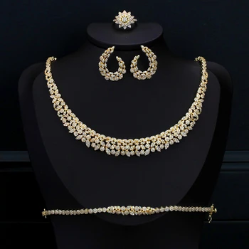 

TIRIM Luxury Gold Color Dubai Jewelry Set Flower Cubic Zircon Necklace Earrings Bracelet Ring Wedding Sets For Women Bride Gifts