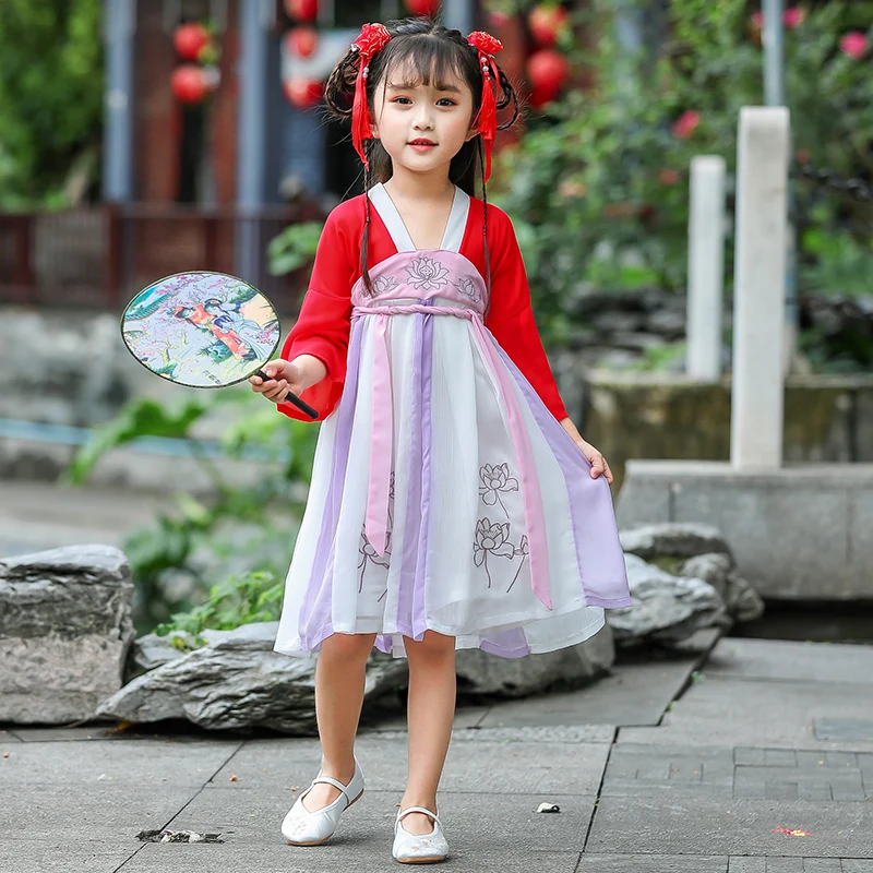 Hanfu/Летняя одежда для девочек; Новая детская одежда в древнем китайском стиле; танцевальные костюмы принцессы