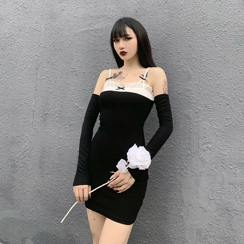 InsGoth Women Gothic Sexy Spaghetti Straps Black Dress Vintage Bow Patchwork High Waist Dress Elegant Party Outfits With Sleeve