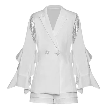 

White Blazer Jacket Office Ladies Elegant Designer Runway Diamond Korean Ruffle Sexy High Quality Autumn Fashion Women Blazer
