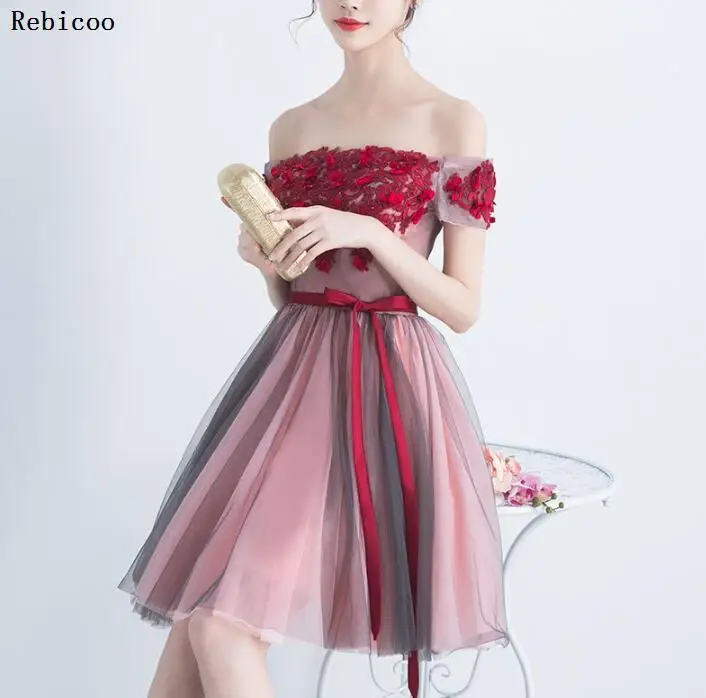 

Brilliant Multi-Colored Prom Dresses 2019 Fast Shipping Boat-Neck Tulle Appliques Prom Party Dress Short Sexy Retro Dresses