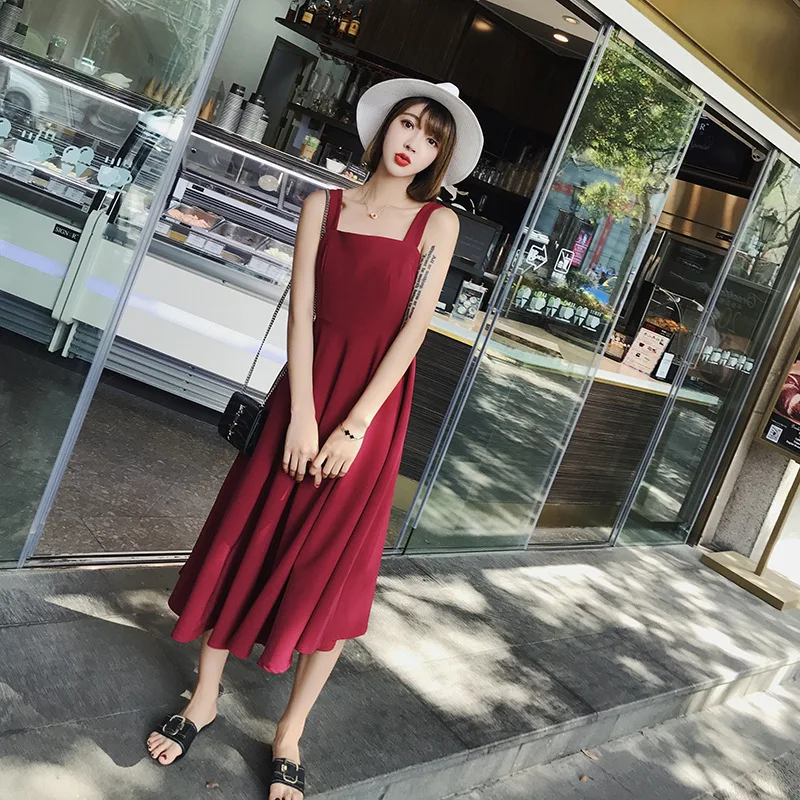 

Red Dress Women's Summer 2019 New Style CHIC Strapped Dress Spring And Autumn Underwear Retro Hepburn Wind High-waisted Little R