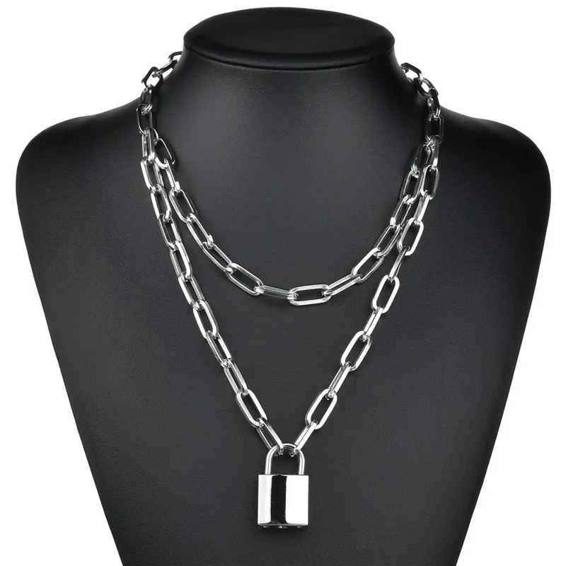 Двухслойное ожерелье в форме сердца с круглым замком, длинная цепочка под свитер в стиле панк, серебряное ожерелье с подвеской, женское модное готическое ювелирное изделие - Окраска металла: silver