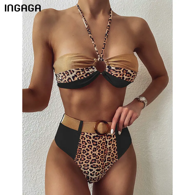 INGAGA High Waist Bikinis Swimsuits Push Up Swimwear Women 2021 Leopard Bandeau Bathing Suit Sexy String Halter Biquini | Женская одежда