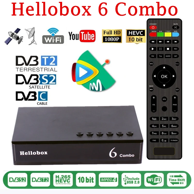 Спутниковый ресивер Hellobox 6 Combo H.265 DVB S2X DVB-T2 DVB-C поддержка Cline Newcamd Scam + Auto Biss Powervu Set Top