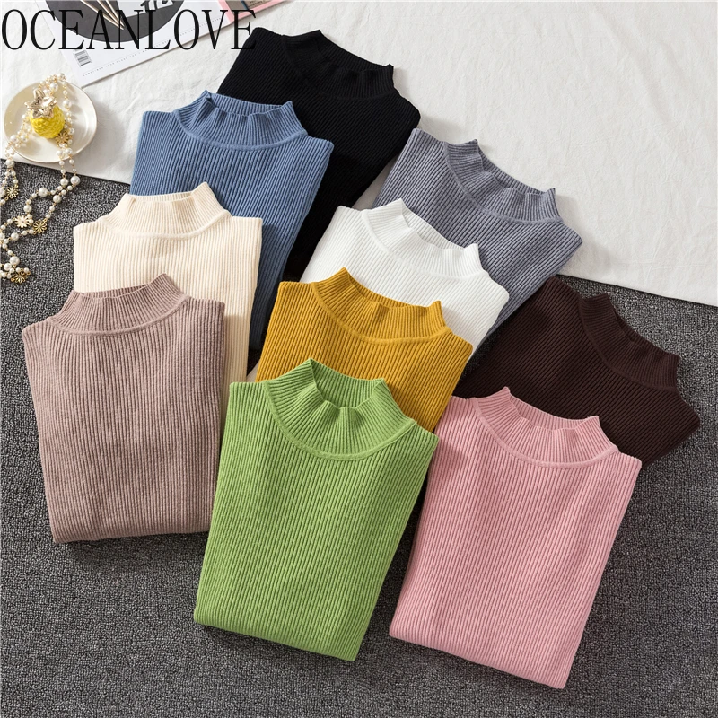 OCEANLOVE Half Turtleneck Solid Pullovers Stretch Fashion All Match 2020 Women Sweaters Slim Basic Autumn Winter Clothes 13126 | Женская