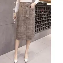 Женская Зимняя шерстяная теплая клетчатая юбка размера плюс, прямая офисная юбка с высокой талией, элегантная длинная юбка с поясом