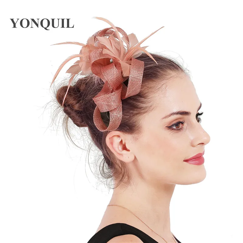 Peach sinamay fascinator wedding women hat headband fancy feather flower fashion headwear ladies hair accessories fedora clips