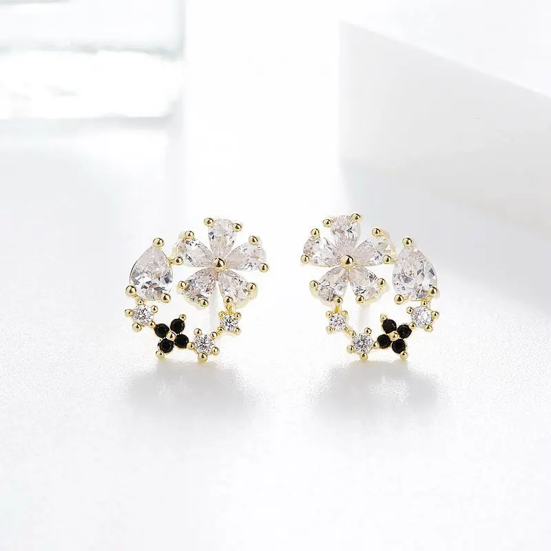 Изысканный цветок в Корейском стиле серьги для женщин черный/кольцо с фианитом серьги золотистого цвета ювелирные изделия