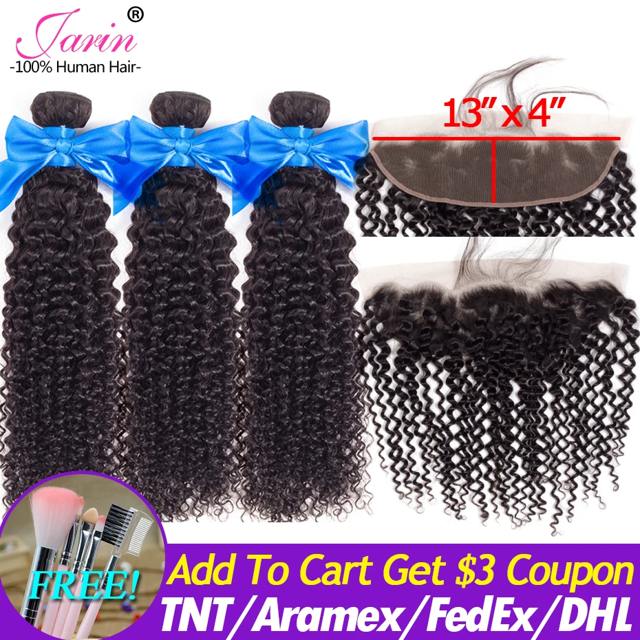 

Jarin Mongolian Kinky Curly Hair Bundles With Frontal 13x4 Pre Plucked Frontal Remy 100% Human Hair 3 Bundles With Lace Closure