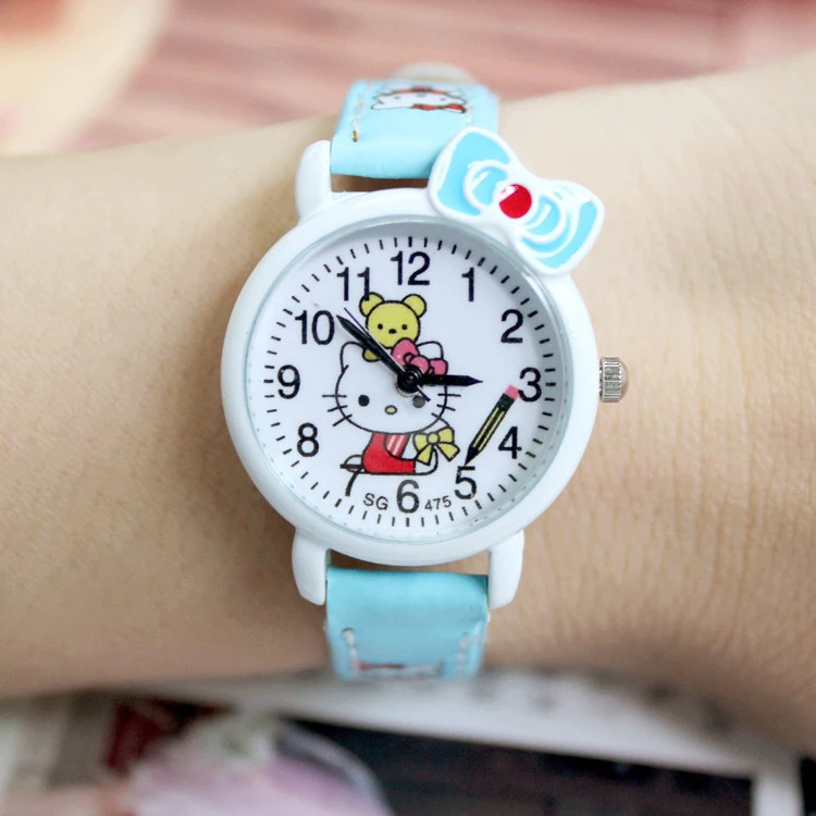 Горячая Распродажа, милые брендовые кожаные кварцевые часы с мультяшным принтом для детей, девочек и мальчиков, повседневные модные наручные часы с браслетом, часы Relogio - Цвет: Синий