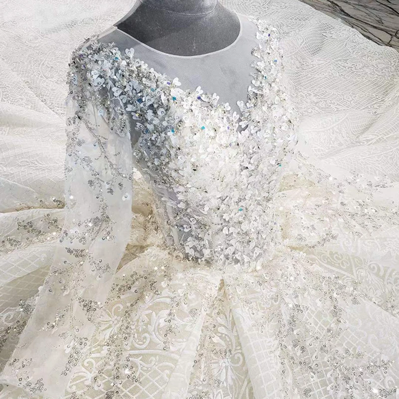 HTL1991 Elegant Extravagant Sequin Crystal Pearls Wedding Dress 2020 V-Neck Long Sleeve Lace Up Back 4