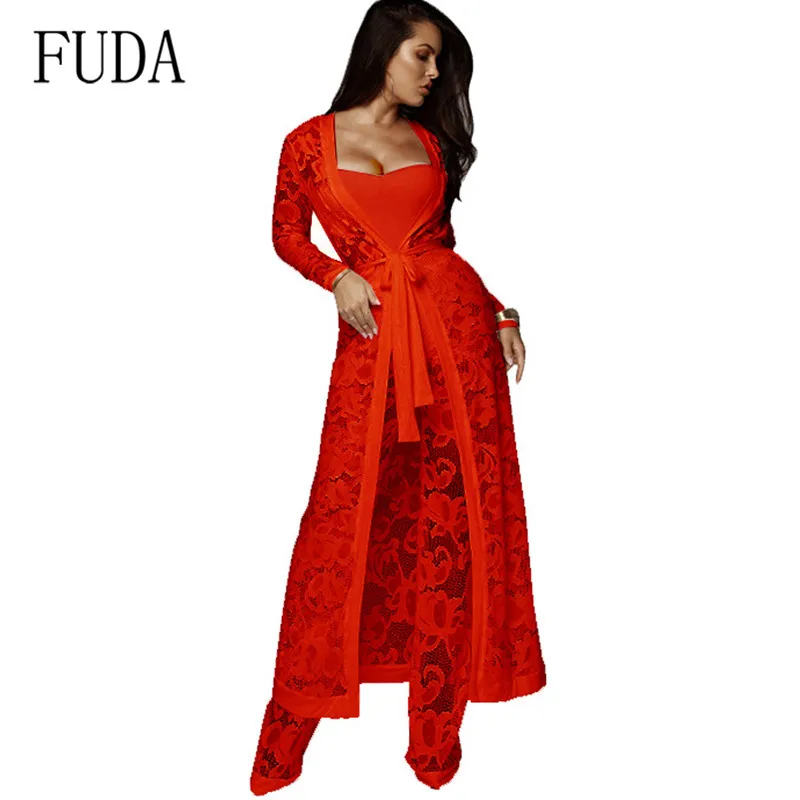 

FUDA Newest Women Lace 3 Pieces Sets Wide Leg Jumpsuits and Long Thin Lace Coat Elelgant Constract Women Modern Lady Playsuits