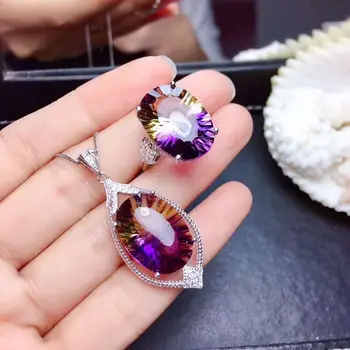 

Real Natural Amethyst jewelry set Natural Real Amethyst 925 sterling silver 1pc pendant,1pc ring