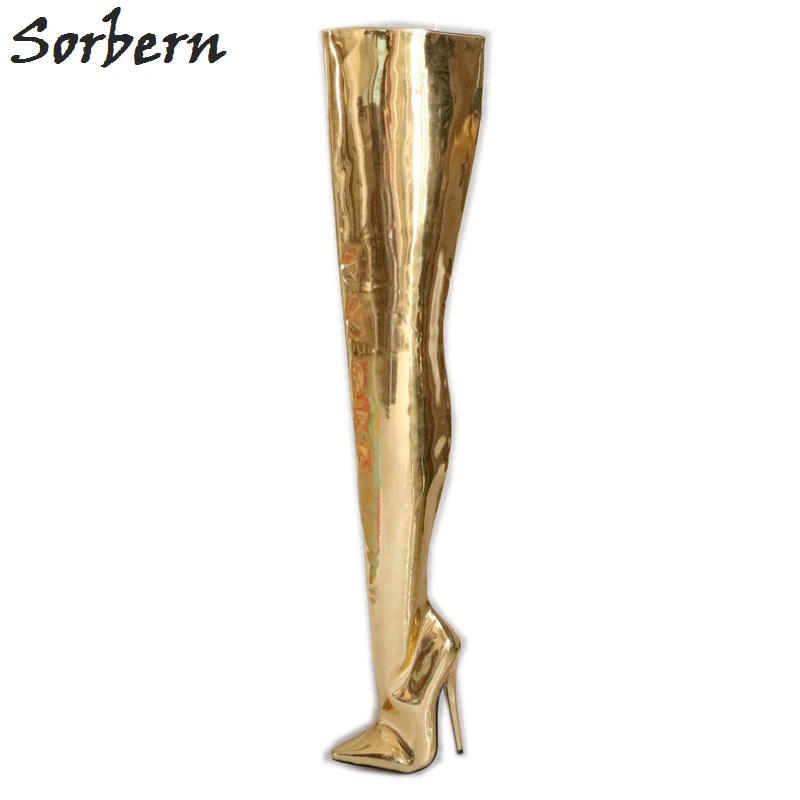Golden Metallic Sorbern/женские высокие сапоги до бедра с жестким голенищем, на заказ, пикантная Фетиш обувь на высоком каблуке 18 см ботинок на шпильке, золотистый металлик - Цвет: Golden Metallic