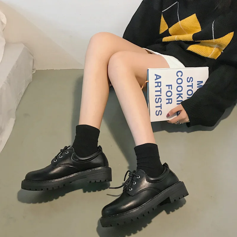 

Retro Woman Shoes Black Flats Round Toe Autumn Women's Heels Ladies' Footwear British Style Oxfords Casual Female Sneakers Soft
