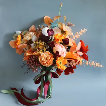 

Simulation the Bridal Rose Bouquets Retro Autumn Orange Married Wedding Decoration Home Bouquet