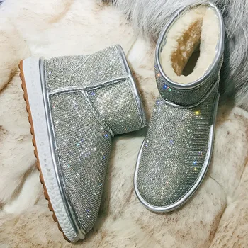 

2019 Bling Crystals Women Warm Fur Snow Boots Handmade Shiny Rhinestones Diamonds Flat Ankle Boots Winter Shoes