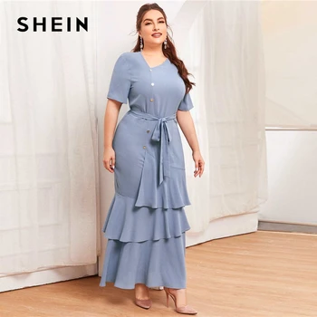 SHEIN размера плюс пыльный синий пояс многоуровневый взъерошенный Макси платье для женщин с коротким рукавом Высокая талия v-образным вырезом...