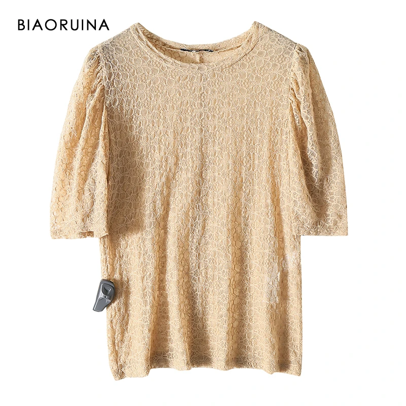 

BIAORUINA Women's Hallow Out Lace Sexy T-shirt Lantern Sleeve O-neck Female Chic Tees Elegant Tops Women Fashion