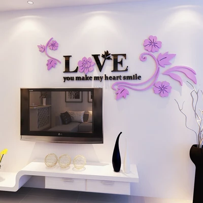 Purple-Right Crystal 3D Wall Stickers Love Flower Wall Living Room Waterproof Bedroom House TV Background Acrylic Home Decoration Accessories - Цвет: Purple-Right
