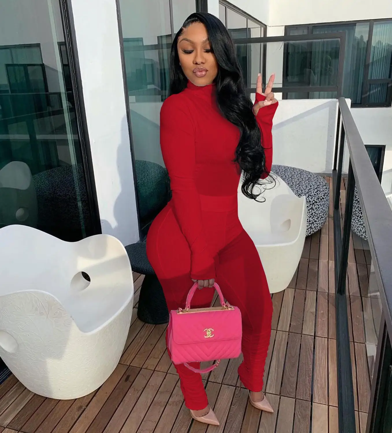 

New Fall Winter Two Piece Set For Women Casual Turtleneck Pullover Jumper Tops And High Waist Jogger Pants Suits Matching Set