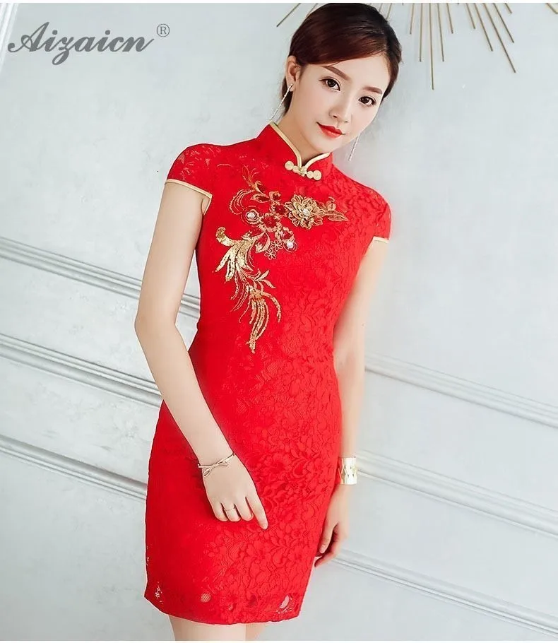 Мода Корто Cheongsam las mujeres chino tradicional de la boda Vestido de encaje rojo Qipao estilo Восточное винтажное платье