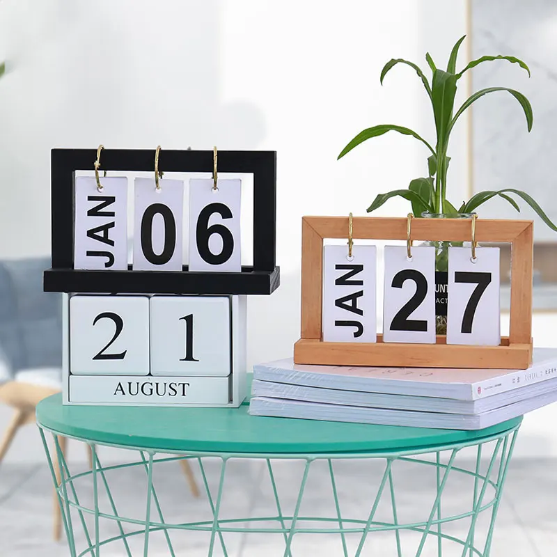 XingYue Direct Calendario in legno vintage calendario da tavolo eterno per desktop in legno con data e calendario per la decorazione dellufficio domestico blu e nero 