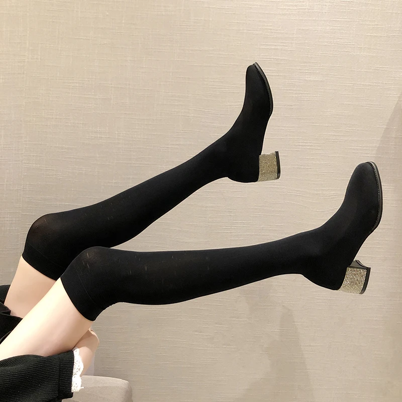 

Chunky Heel Women's Winter High Boots Lace Up Shoes Crystal Bootee Woman 2019 Over-the-knee Sexy Stockings Rubber Rhinestone