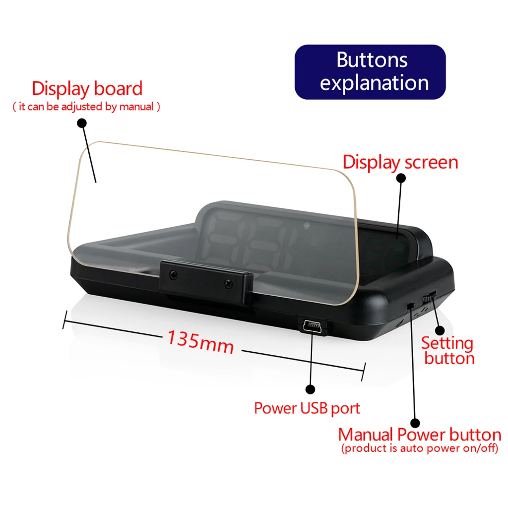 HUD Mirror Car LED Head Up Display Windshield Speed Projector Security Alarm Water Temp Overspeed KMH RPM Voltage Speedometer