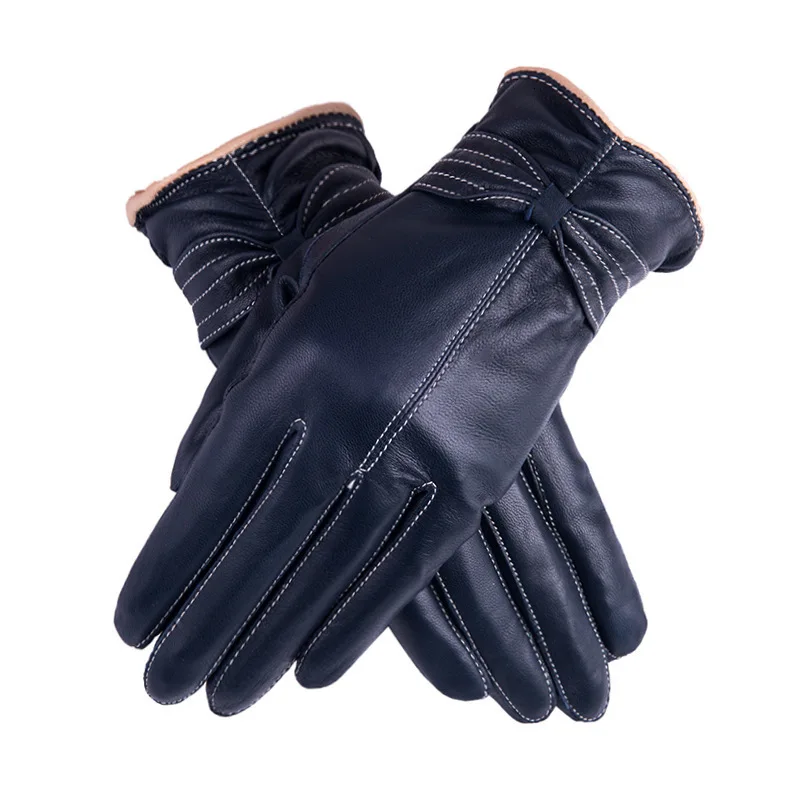 Navy B lue Перчатки женские из натуральной кожи черные перчатки Handschoenen теплые зимние Guantes Hiver Femme перчатки из овчины Rekawiczki Gant - Цвет: Navy B lue