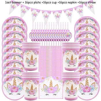 

65Pcs Girl Birthday Party Pink Unicorn Paper Plate Cup Napkin Disposable Tableware Sets Baby Shower 1st Birthday Party Supplies