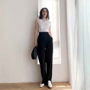 

Summer women's pants casual solid color high waist loose straight pants