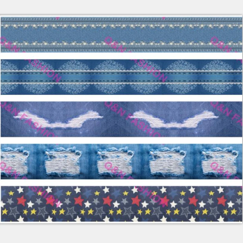 Q&N ribbon 16mm-75mm Cowboy Demin Jeans Ribbon Tape Hairbow Stripe Dot Printed Fabric Ribbon DIY Hair Bow Collar Material