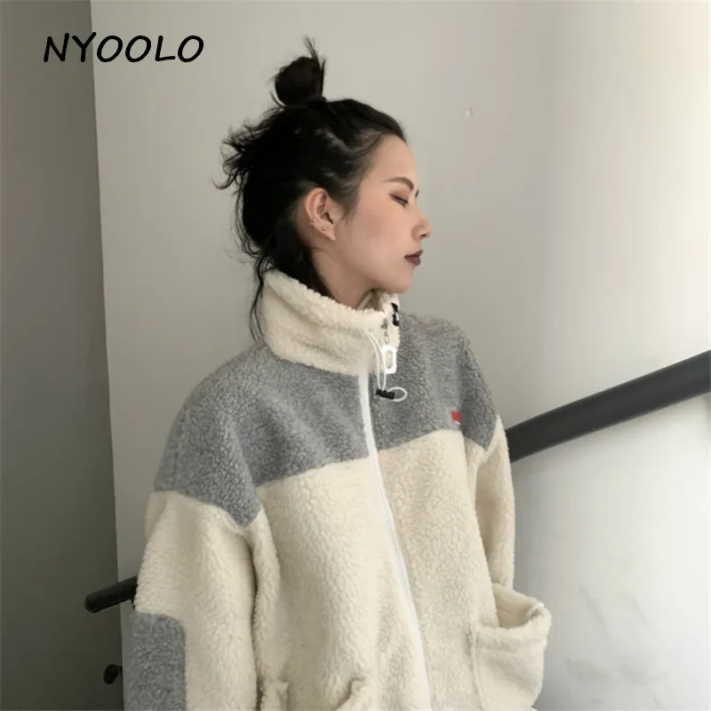 NYOOLO Harajuku стиль уличная одежда с большими карманами лоскутное теплое пальто из овечьей шерсти Осень Зима на молнии куртка-бомбер женская верхняя одежда