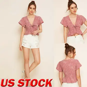 

Meihuida Summer Women Ruffle Polka Dot Ruffle Hem Tie Front Top bow V Neck Blouse Summer Beach Ladies Casual Tops