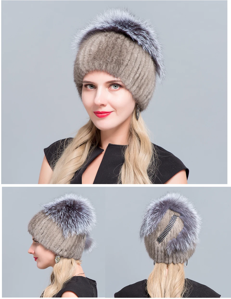 JINBAOSEN neue heiser verkauf эластичные pelz kappe Frauen pelzmutze für зимние echtem nerz skullies mit silber fuchs pelz pom poms
