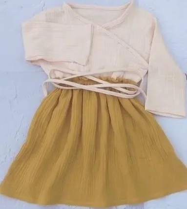 yellow and apricot Новинка года; осенние детские платья для девочек в японском и корейском стиле; хлопковое и льняное милое платье с длинными рукавами и v-образным вырезом;#5381 - Цвет: yellow and apricot